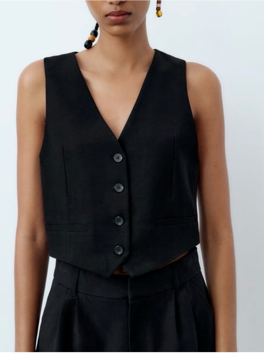 Zara Black Button-Front V-Neck Crop Vest